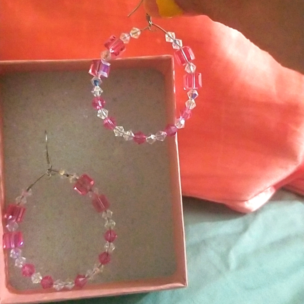 Barbie Pink White Swarovski Crystal Handmade Hoops Earrings sterling hooks used.